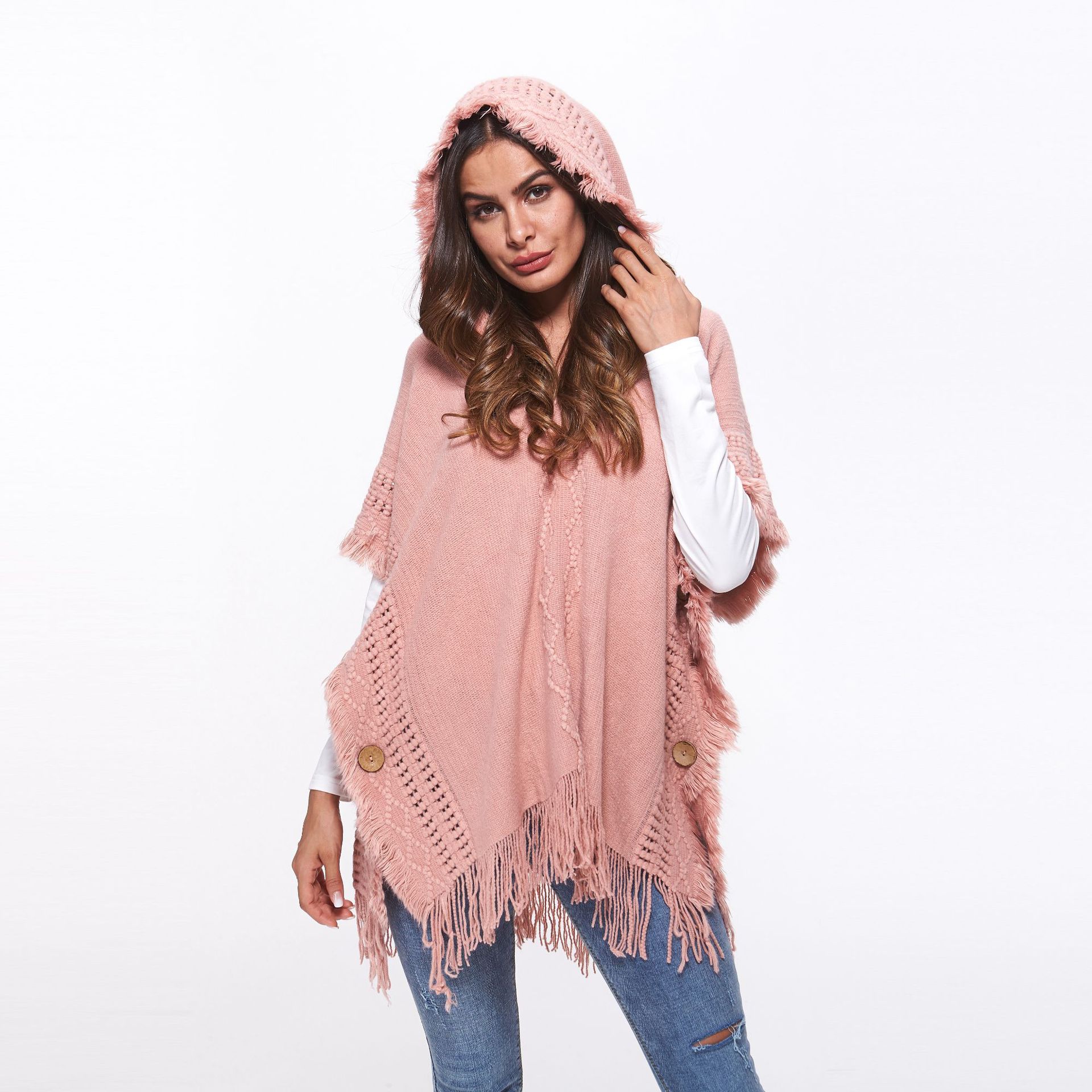 SZ60179-2 Ladies Women Knitting Crochet Pink Hooded Short Sleeve Sweaters Shawl